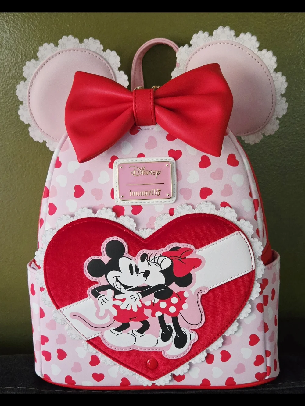 Loungefly Pink, Red & White Minnie & Mickey Heart Mini Backpack